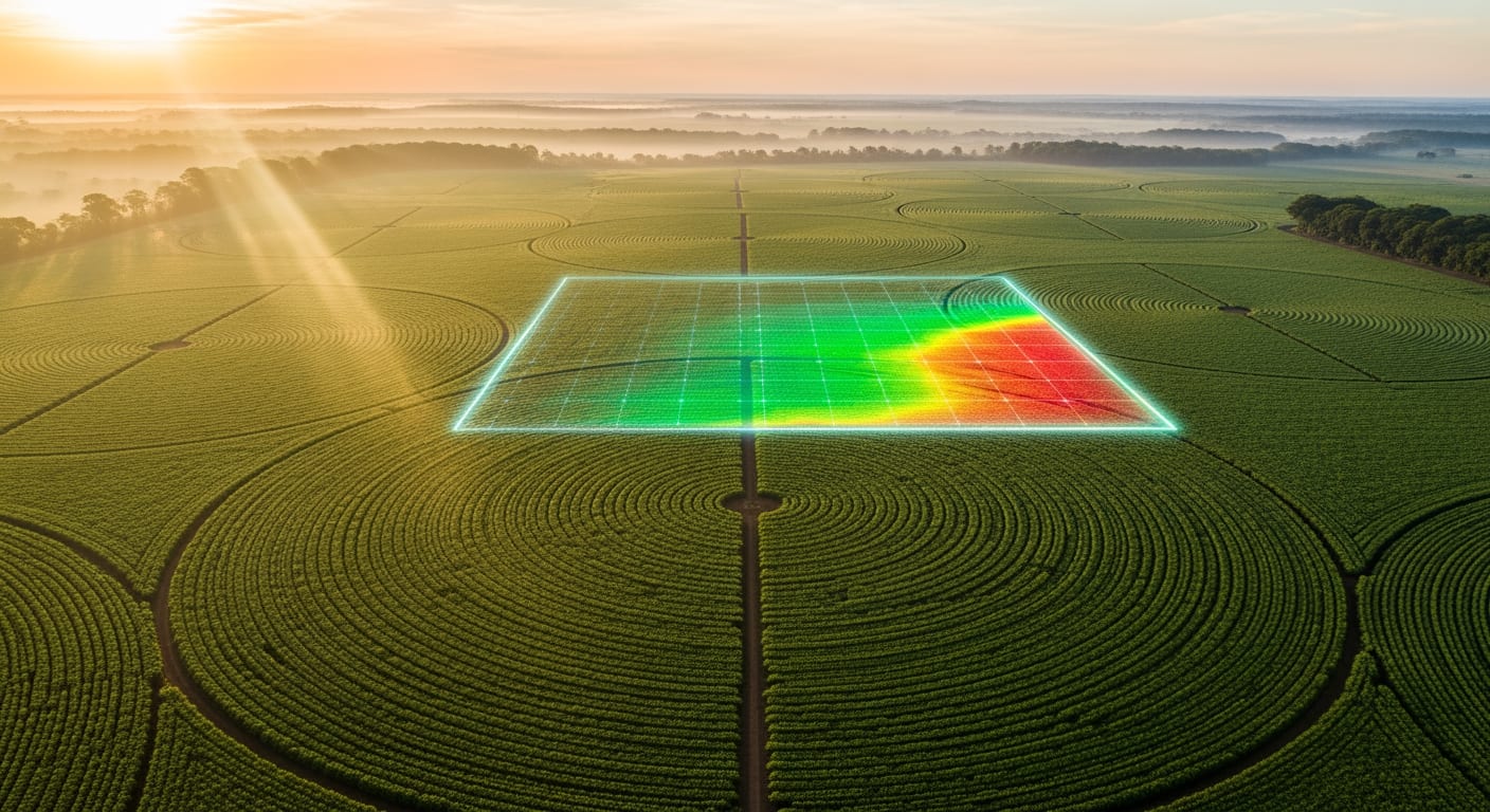 Vista aérea cinematográfica de uma floresta plantada de eucalipto em linhas regulares, ao amanhecer dourado