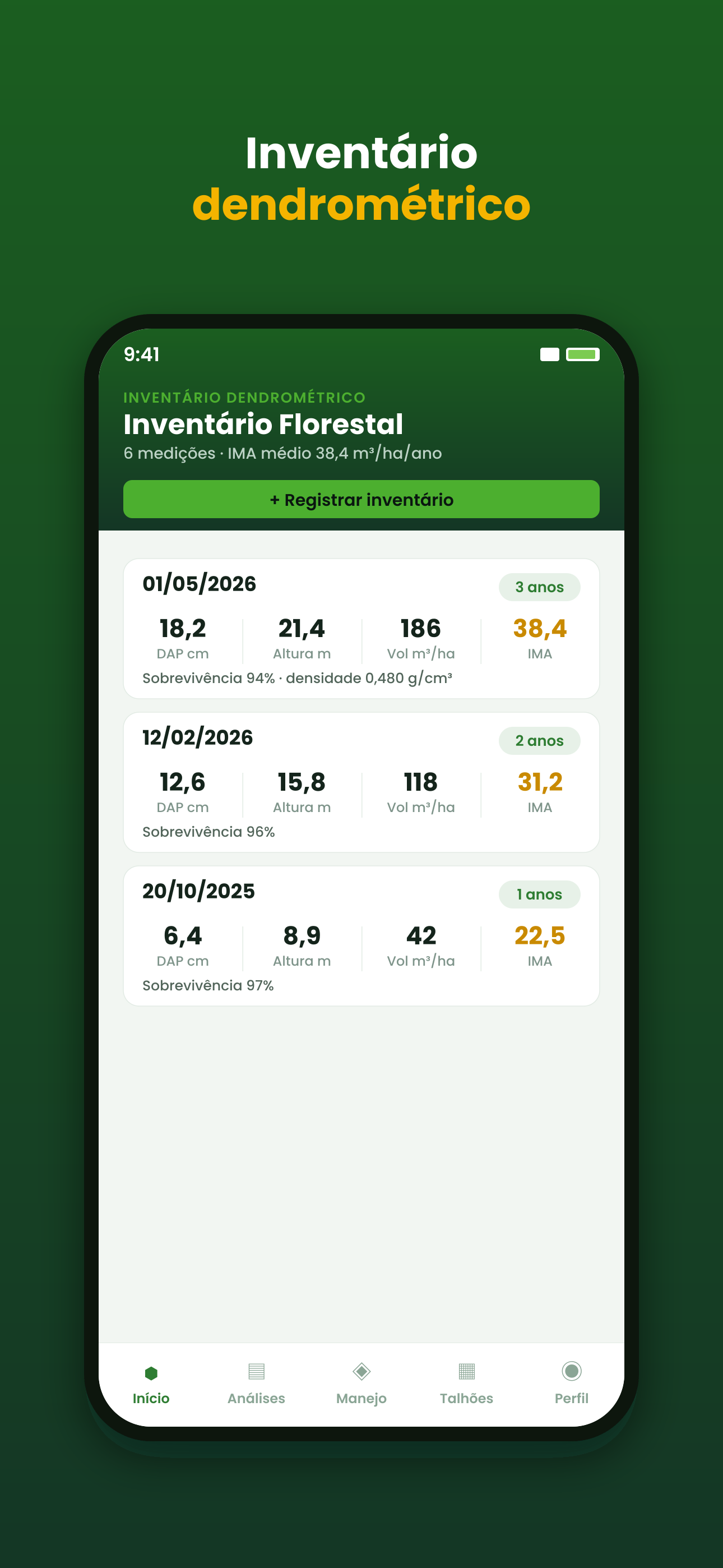 Tela de inventário dendrométrico do Rumo Eucalipto listando medições com DAP, altura, volume por hectare e IMA por data