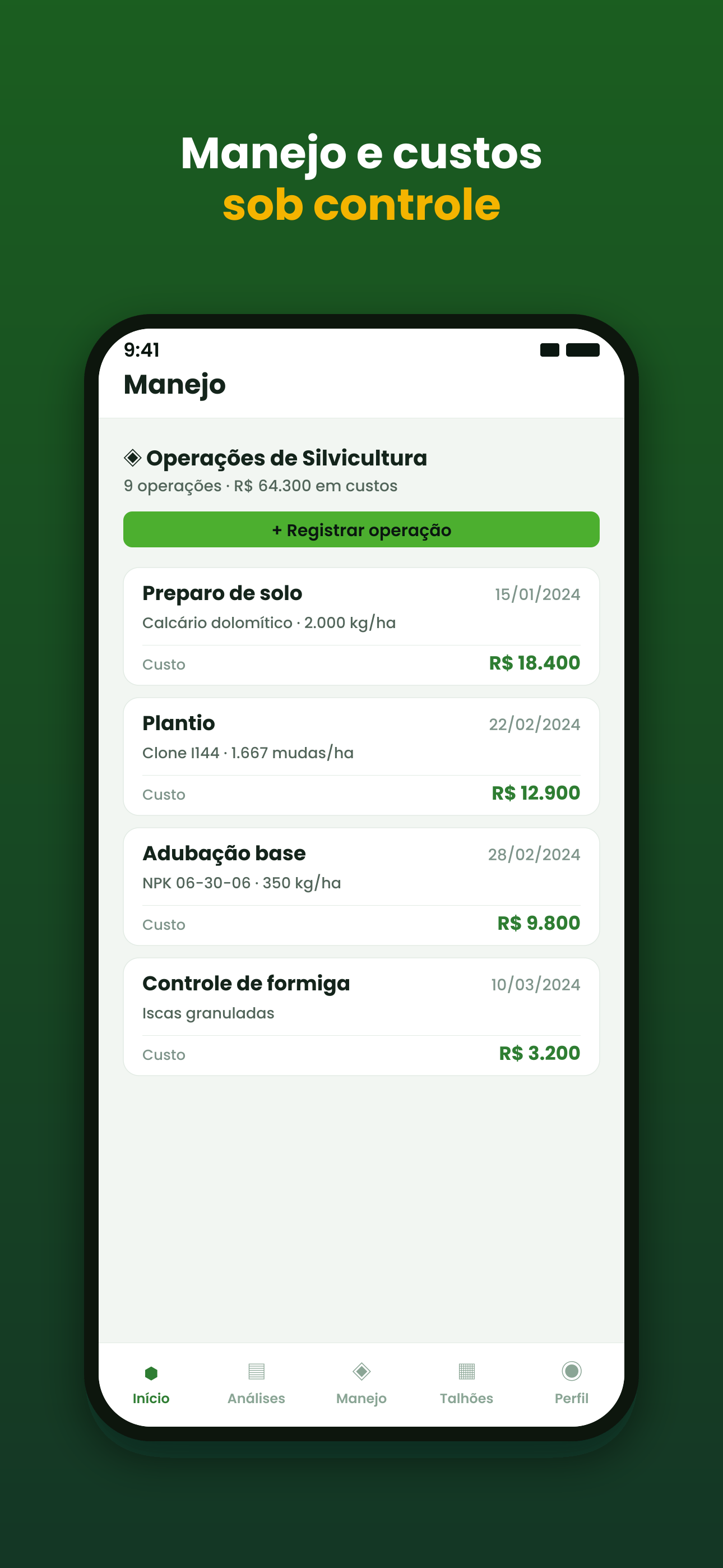 Tela de operações de silvicultura do Rumo Eucalipto com registro de manejo e custos