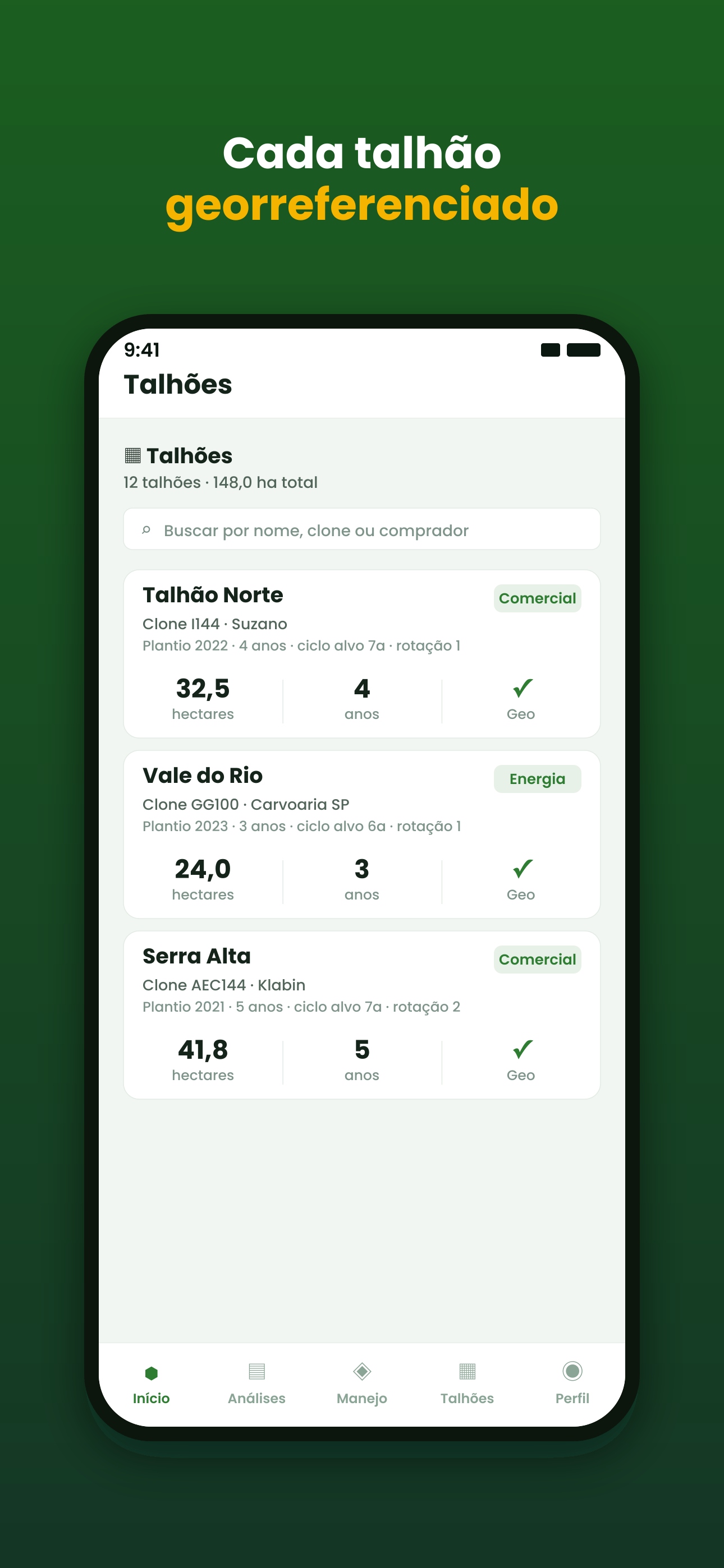 Tela de talhões do Rumo Eucalipto com a lista de áreas plantadas de eucalipto